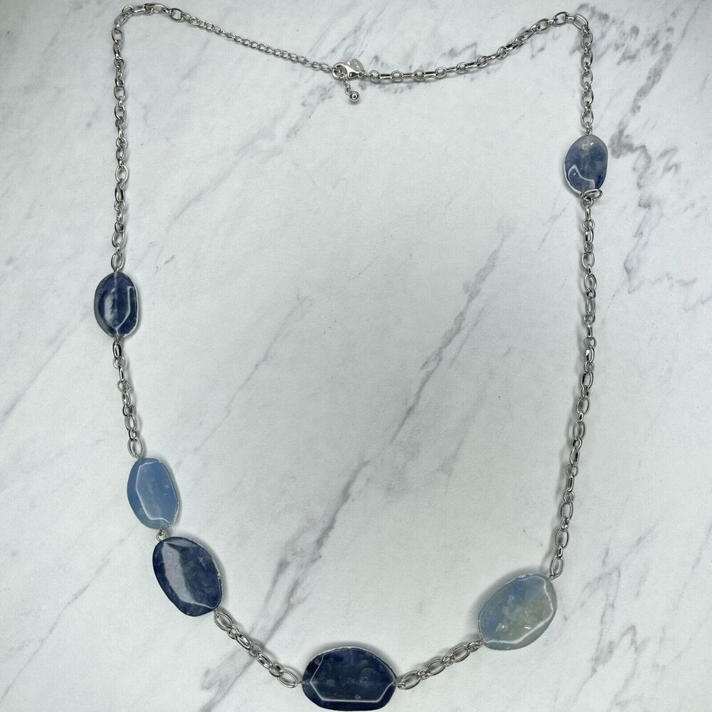 Chico's Silver Tone Blue Beaded Long Chain Link Necklace